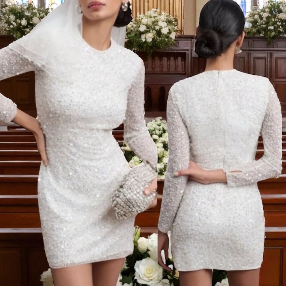 BHLDN x Anthropologie Josie 6/Sm Off White Allover Sequins Wedding Bridal Mini